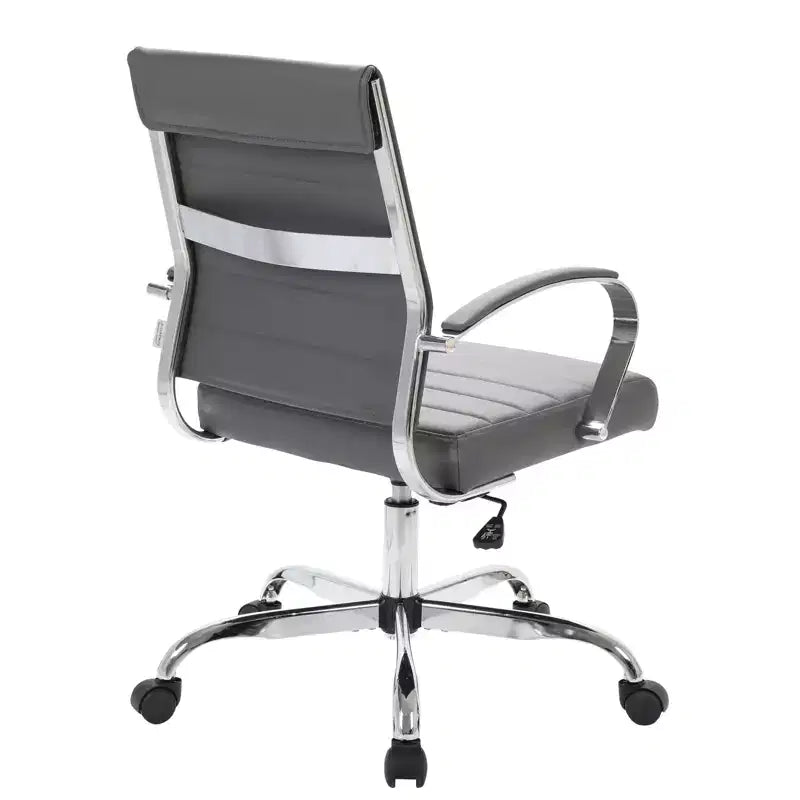 LeisureMod Benmar Ribbed Leather Office Chair - Mid-Century Modern Swivel & Tilt Executive Desk Chair - Chrome Base