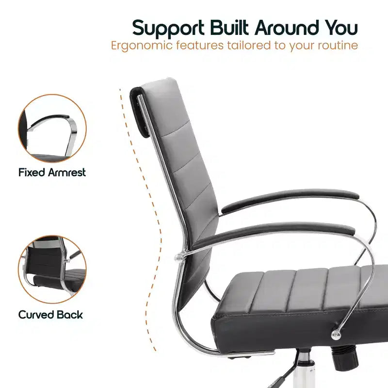 LeisureMod Benmar Ribbed Leather Office Chair - Mid-Century Modern Swivel & Tilt Executive Desk Chair - Chrome Base