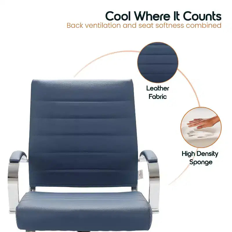 LeisureMod Benmar Ribbed Leather Office Chair - Mid-Century Modern Swivel & Tilt Executive Desk Chair - Chrome Base