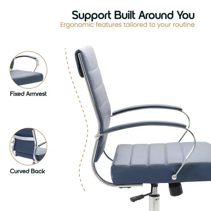 LeisureMod Benmar Ribbed Leather Office Chair - Mid-Century Modern Swivel & Tilt Executive Desk Chair - Chrome Base