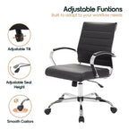LeisureMod Benmar Ribbed Leather Office Chair - Mid-Century Modern Swivel & Tilt Executive Desk Chair - Chrome Base