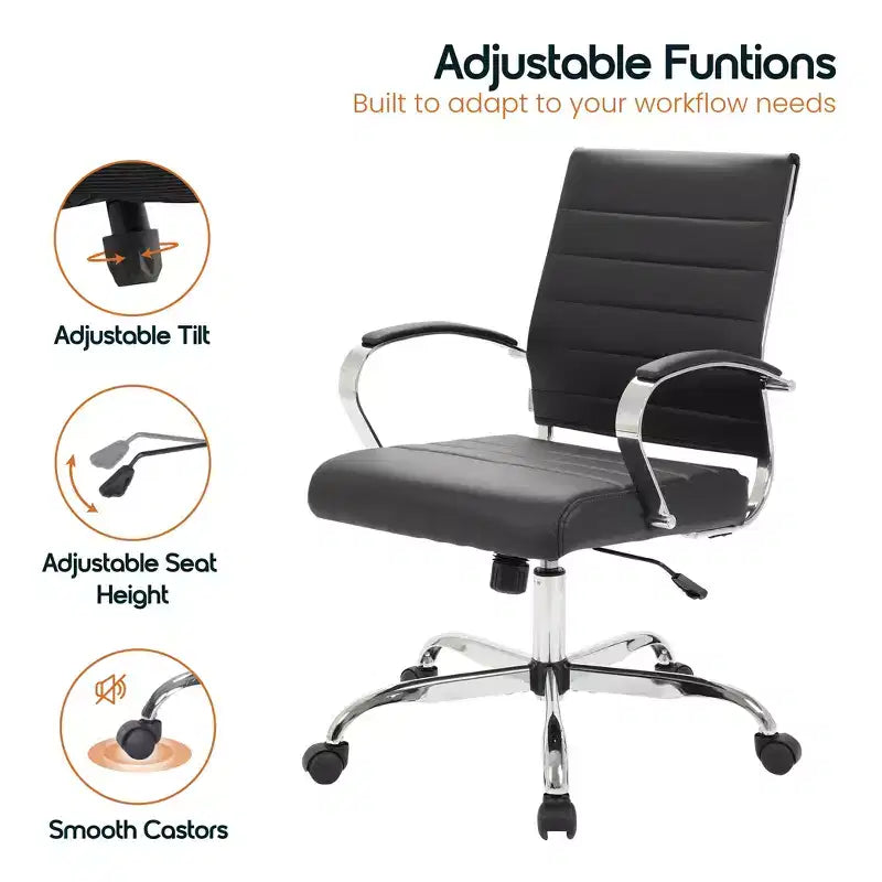 LeisureMod Benmar Ribbed Leather Office Chair - Mid-Century Modern Swivel & Tilt Executive Desk Chair - Chrome Base
