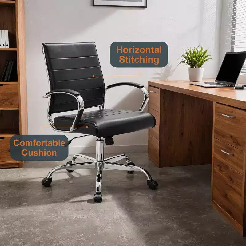LeisureMod Benmar Ribbed Leather Office Chair - Mid-Century Modern Swivel & Tilt Executive Desk Chair - Chrome Base