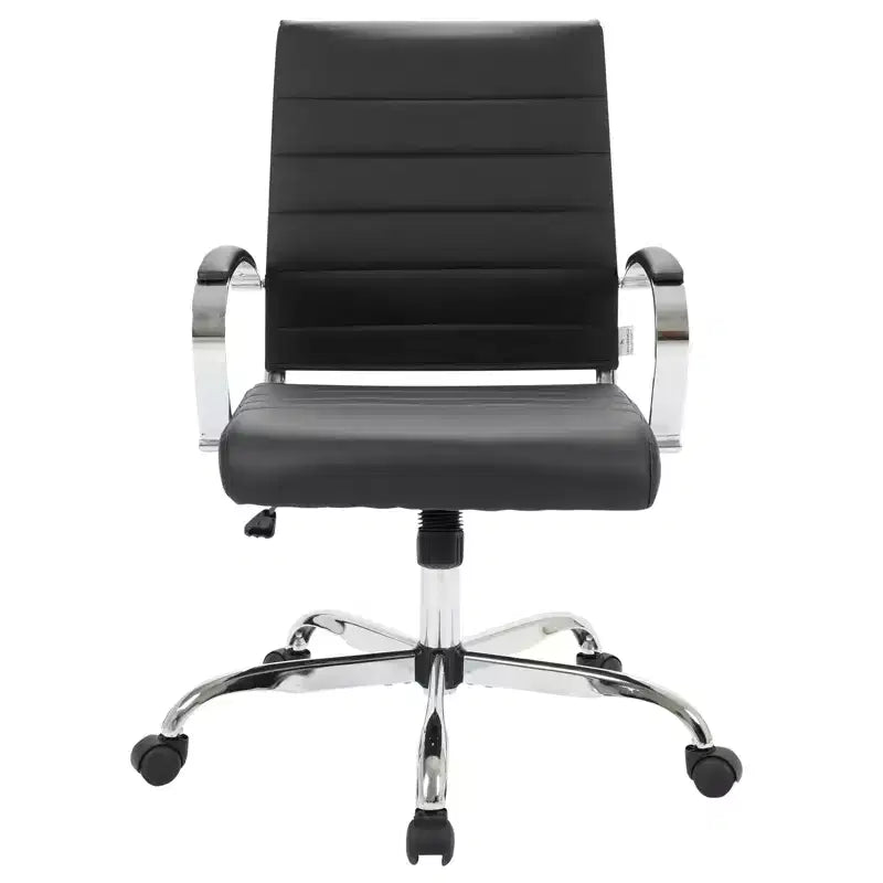 LeisureMod Benmar Ribbed Leather Office Chair - Mid-Century Modern Swivel & Tilt Executive Desk Chair - Chrome Base