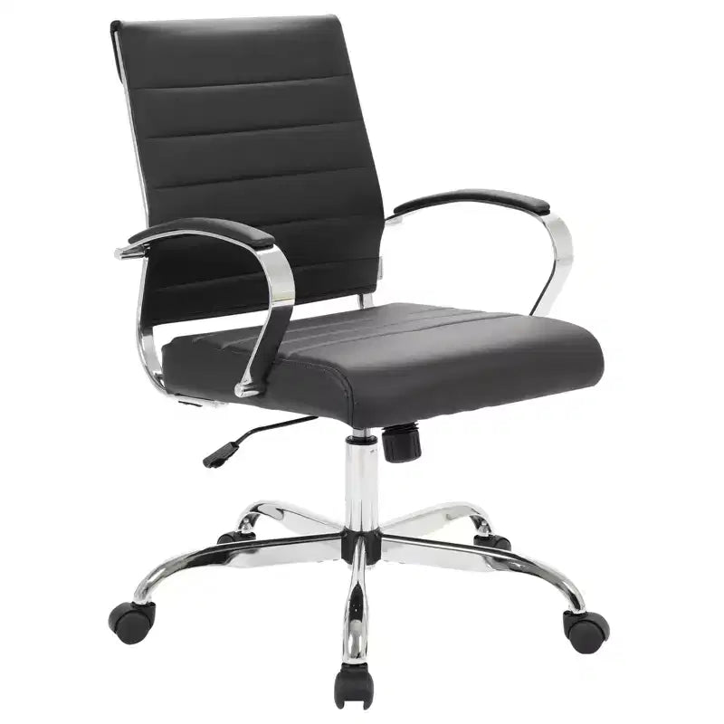 LeisureMod Benmar Ribbed Leather Office Chair - Mid-Century Modern Swivel & Tilt Executive Desk Chair - Chrome Base