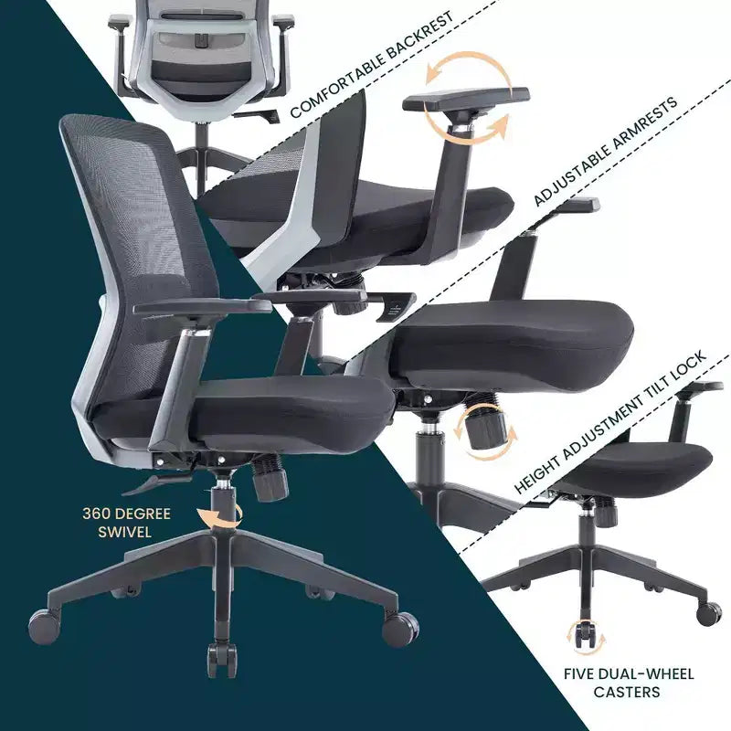Sedia da scrivania ergonomica LeisureMod Ingram, sedia da lavoro girevole regolabile in altezza con supporto lombare e inclinazione, comoda sedia da computer per ufficio per 8 ore