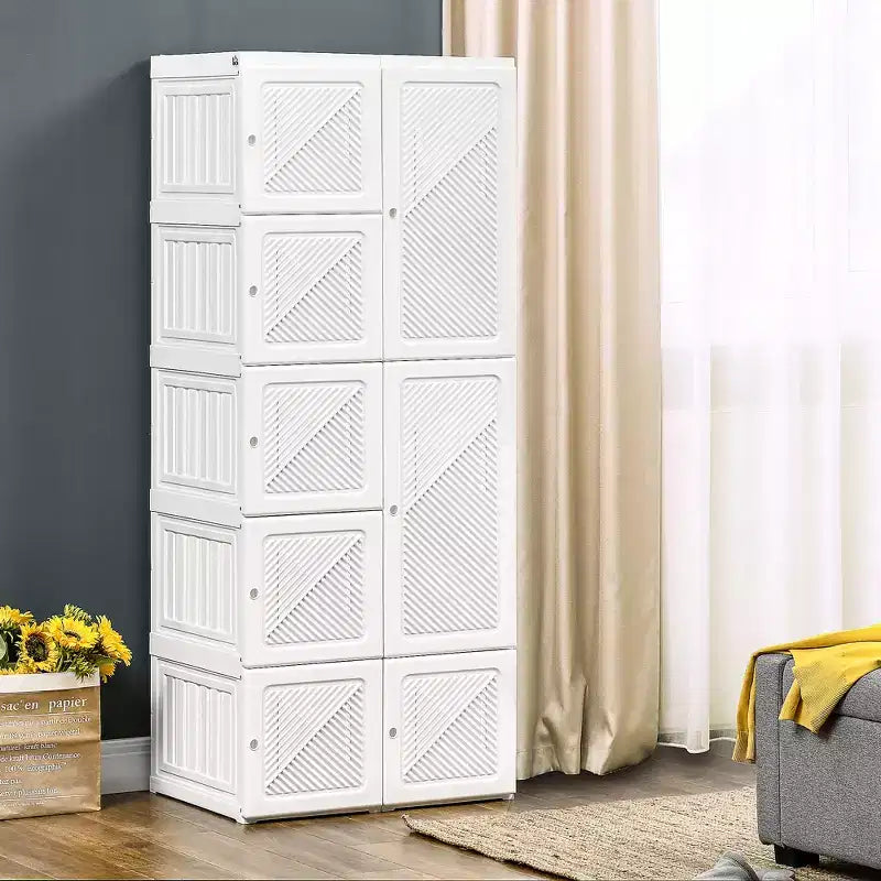 HOMCOM Portable Wardrobe Closet, Bedroom Armoire, Foldable Clothes Organizer with Cube Storage, Hanging Rods, and Magnet Doors, White