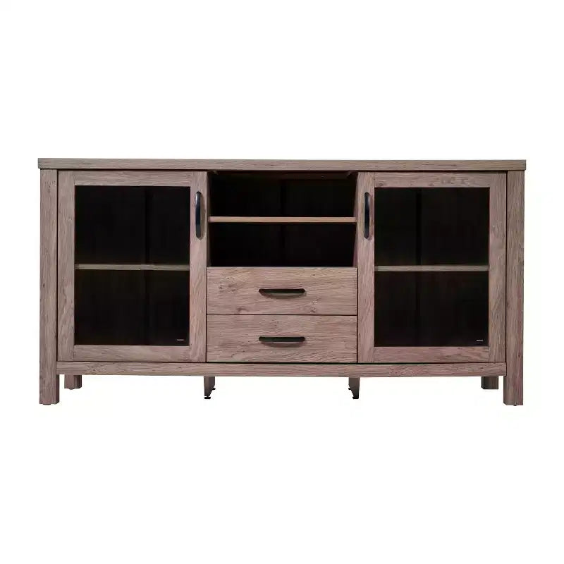 Emma and Oliver Engineered Wood Buffet Sideboard Storage Cabinet for Kitchen/Dining Room with Open Shelf, 2 Drawers, and 2 Tempered Glass Doors