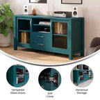 Emma and Oliver Engineered Wood Buffet Sideboard Storage Cabinet for Kitchen/Dining Room with Open Shelf, 2 Drawers, and 2 Tempered Glass Doors