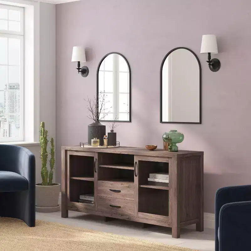 Emma and Oliver Engineered Wood Buffet Sideboard Storage Cabinet for Kitchen/Dining Room with Open Shelf, 2 Drawers, and 2 Tempered Glass Doors