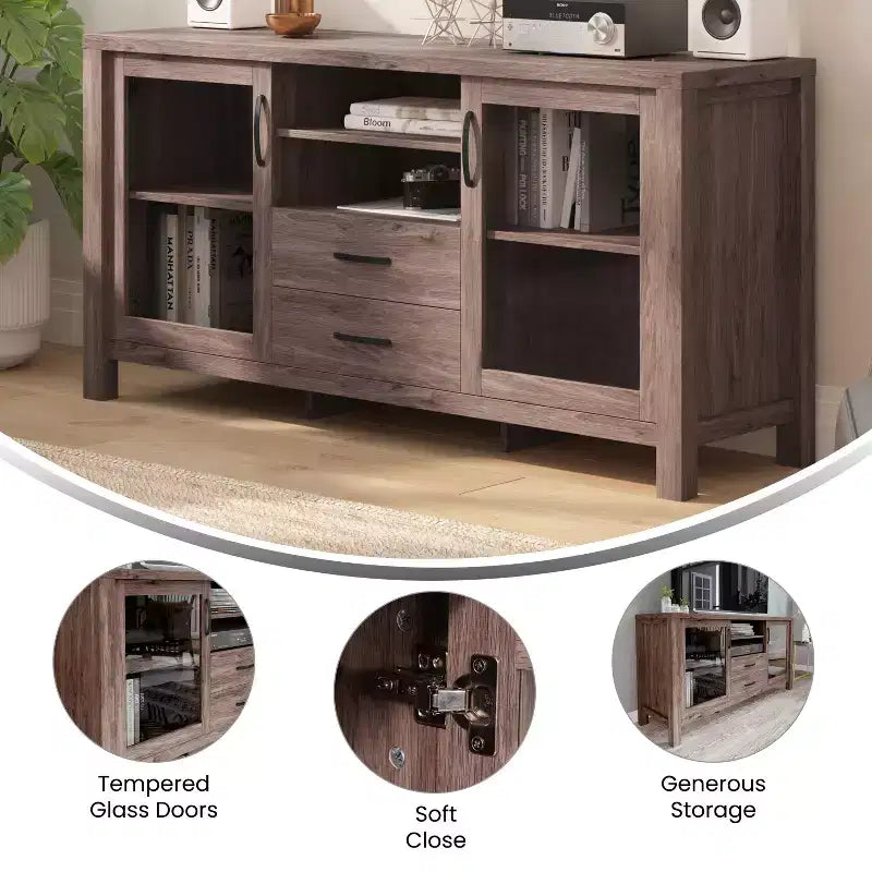 Emma and Oliver Engineered Wood Buffet Sideboard Storage Cabinet for Kitchen/Dining Room with Open Shelf, 2 Drawers, and 2 Tempered Glass Doors