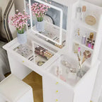 Famapy Whtie Vantiy Table Elegant Makeup Vanity Crystal Accent Lighting Mirror Glass Top Dresser