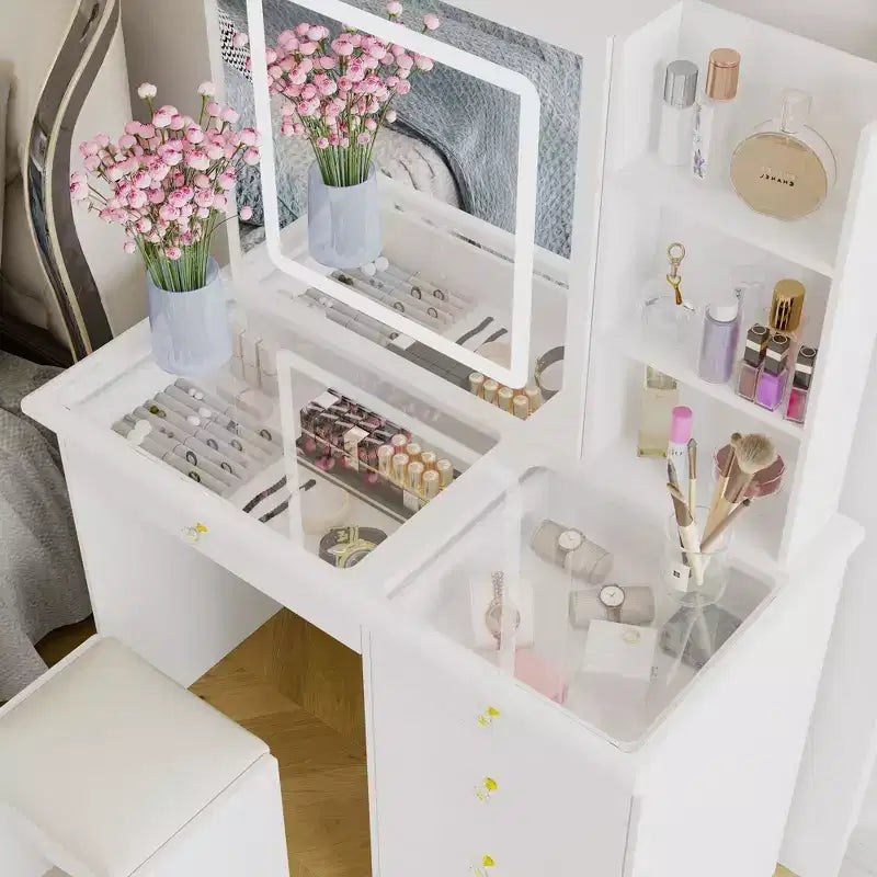 Famapy Whtie Vantiy Table Elegant Makeup Vanity Crystal Accent Lighting Mirror Glass Top Dresser