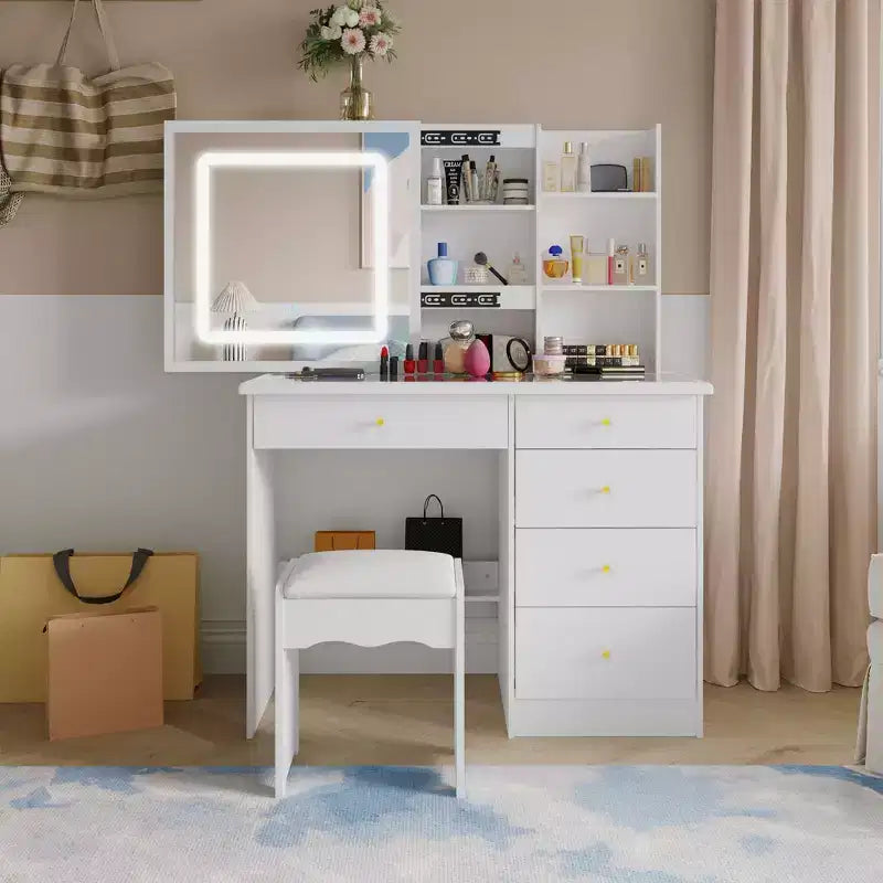 Famapy Whtie Vantiy Table Elegant Makeup Vanity Crystal Accent Lighting Mirror Glass Top Dresser