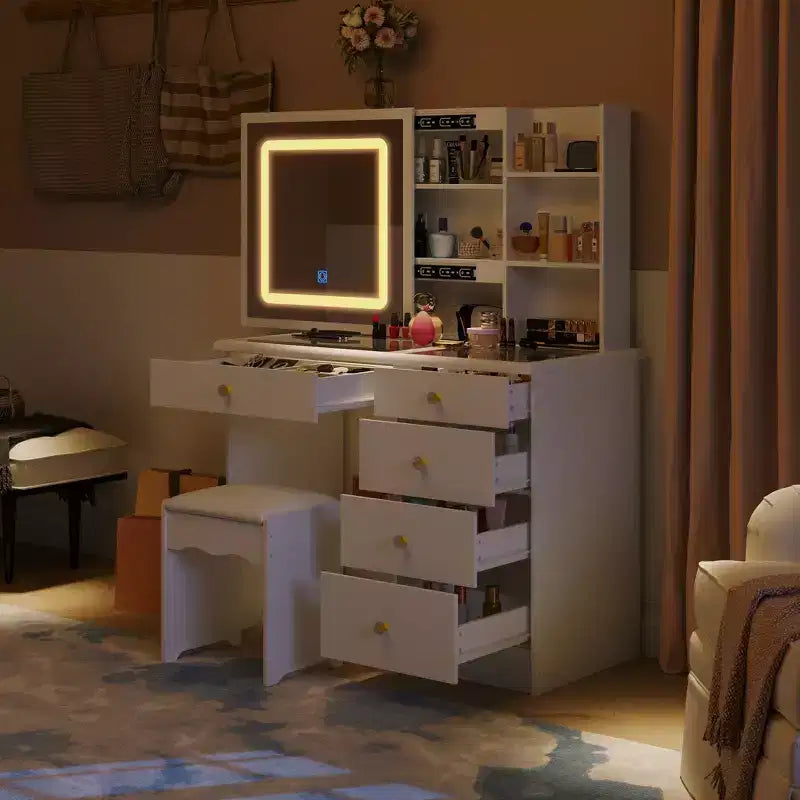 Famapy Whtie Vantiy Table Elegant Makeup Vanity Crystal Accent Lighting Mirror Glass Top Dresser
