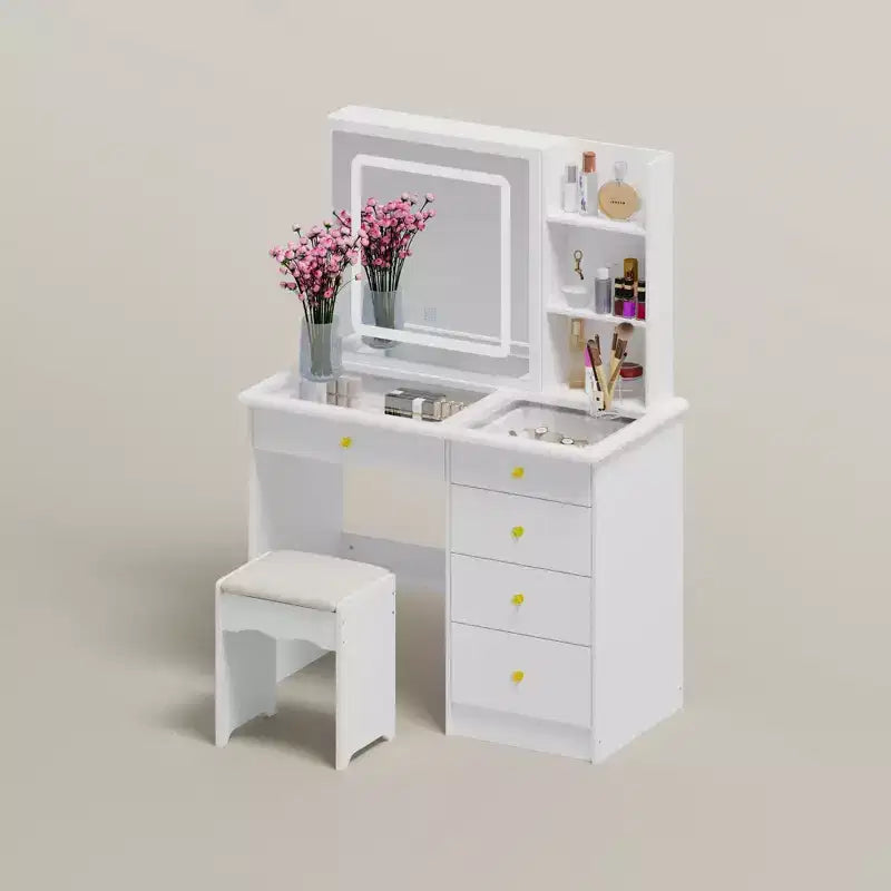 Famapy Whtie Vantiy Table Elegant Makeup Vanity Crystal Accent Lighting Mirror Glass Top Dresser