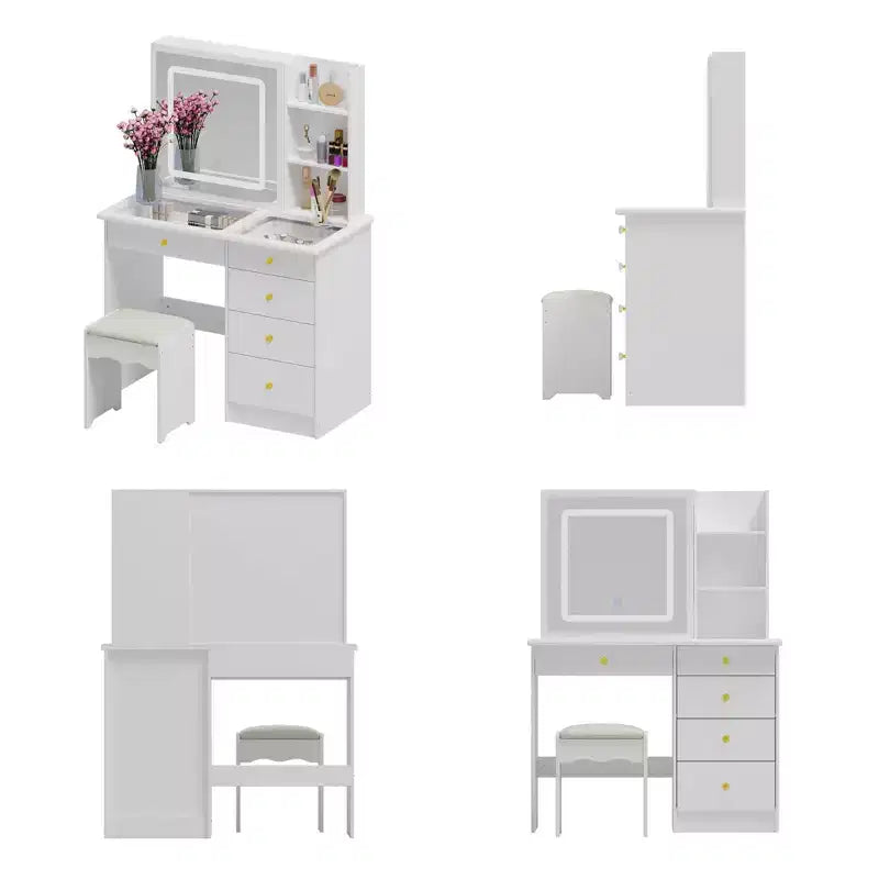 Famapy Whtie Vantiy Table Elegant Makeup Vanity Crystal Accent Lighting Mirror Glass Top Dresser