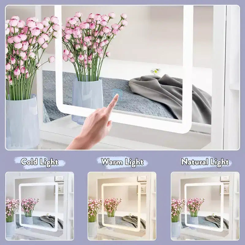 Famapy Whtie Vantiy Table Elegant Makeup Vanity Crystal Accent Lighting Mirror Glass Top Dresser