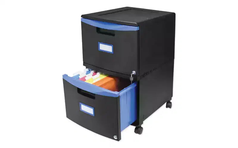 Storex Two-Drawer Mobile Filing Cabinet, 2 Legal/Letter-Size File Drawers, Black/Blue, 14.75 x 18.25 x 26