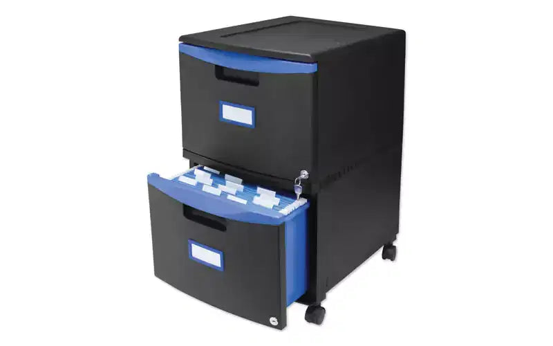 Storex Two-Drawer Mobile Filing Cabinet, 2 Legal/Letter-Size File Drawers, Black/Blue, 14.75 x 18.25 x 26