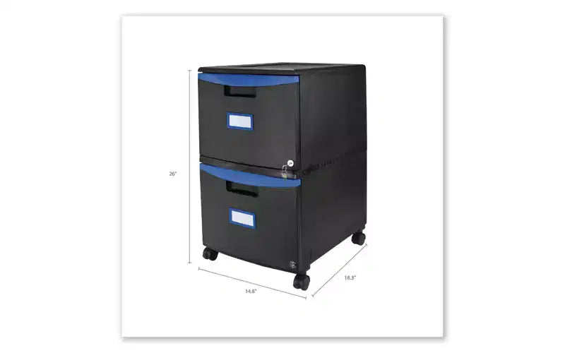 Storex Two-Drawer Mobile Filing Cabinet, 2 Legal/Letter-Size File Drawers, Black/Blue, 14.75 x 18.25 x 26