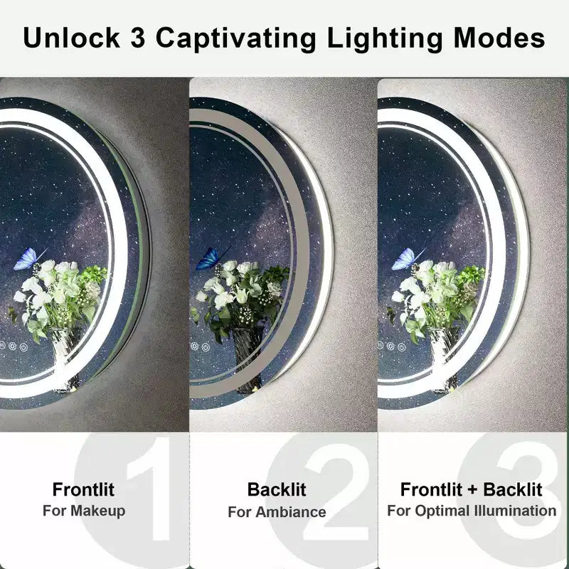 Keonjinn LED Round Bathroom Vanity Wall Mirror, 3 Color Temperatures Dimmable