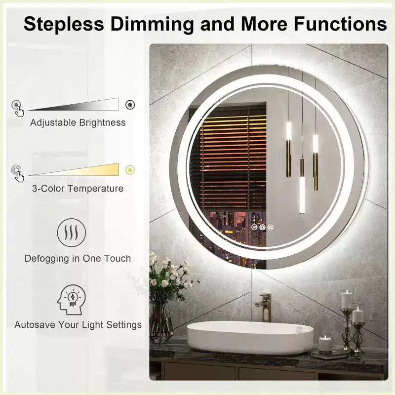 Keonjinn LED Round Bathroom Vanity Wall Mirror, 3 Color Temperatures Dimmable
