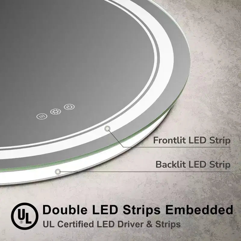 Keonjinn LED Round Bathroom Vanity Wall Mirror, 3 Color Temperatures Dimmable
