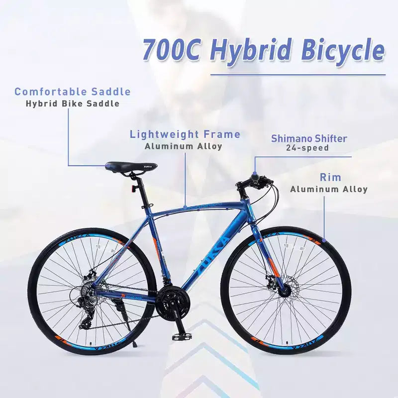 Bici da Strada con Trasmissione a 24 Velocità, Bici da 700C con Freni a Disco, Bici da Città Leggera con Telaio in Lega di Alluminio, Bici Ibrida da Strada
