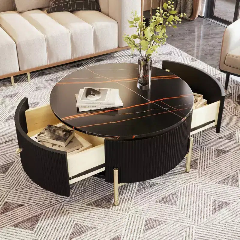 31.5 Modern Round Coffee Table, Accent Table with Marble Pattern Tabletop, Center Sofa Table for Living Room Apartment Office Balcony
