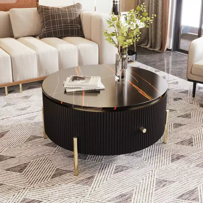 31.5 Modern Round Coffee Table, Accent Table with Marble Pattern Tabletop, Center Sofa Table for Living Room Apartment Office Balcony