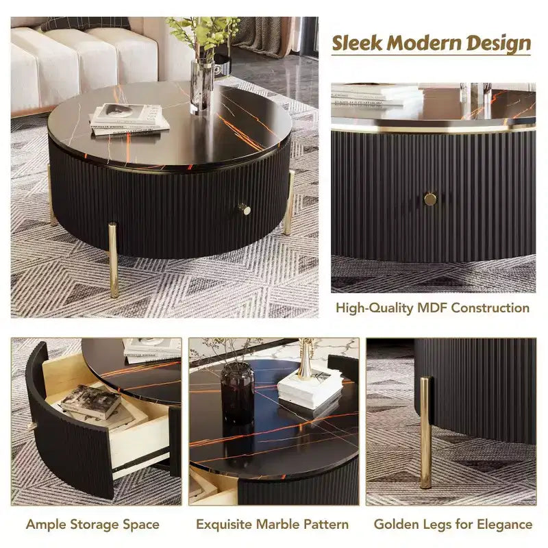 31.5 Modern Round Coffee Table, Accent Table with Marble Pattern Tabletop, Center Sofa Table for Living Room Apartment Office Balcony