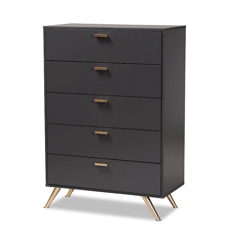 Cassettiera Kelson in legno grigio scuro e oro con 5 cassetti