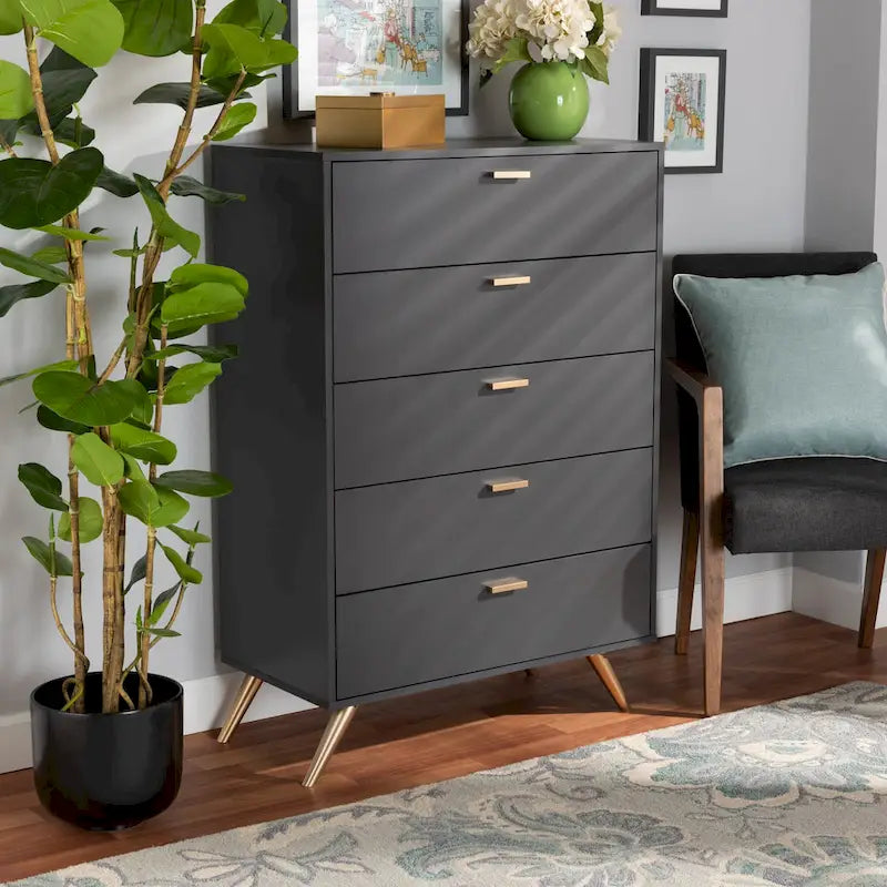 Cassettiera Kelson in legno grigio scuro e oro con 5 cassetti