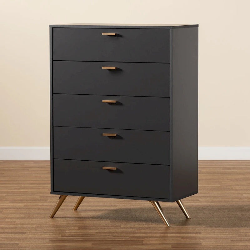 Cassettiera Kelson in legno grigio scuro e oro con 5 cassetti