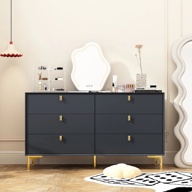 Comò a 6 cassetti in legno per camera da letto con contenitore, oro moderno