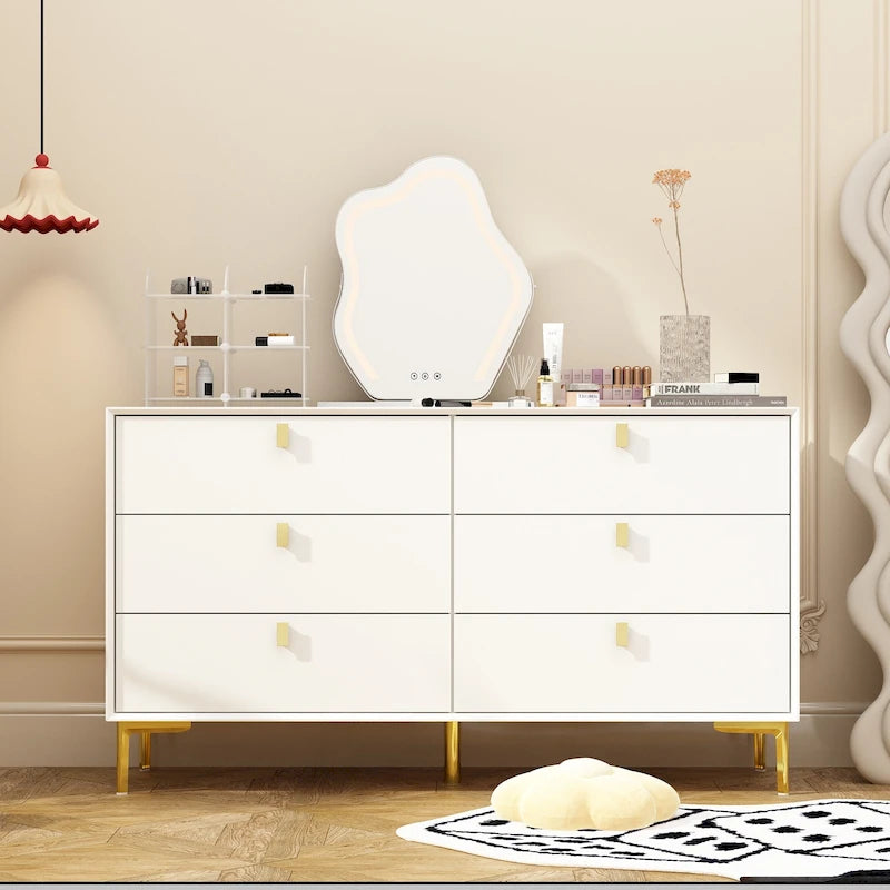 Comò a 6 cassetti in legno per camera da letto con contenitore, oro moderno
