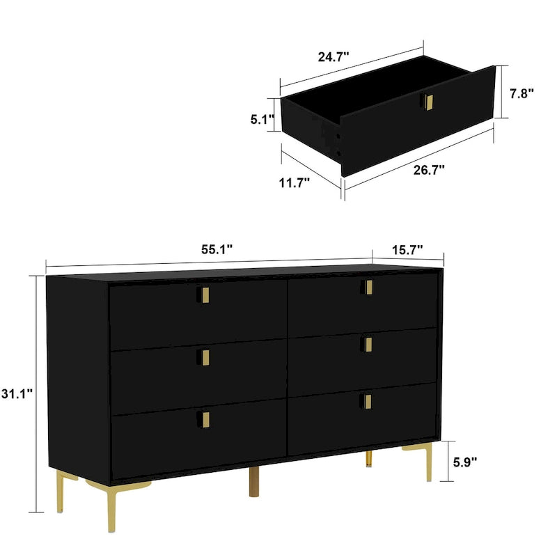 Comò a 6 cassetti in legno per camera da letto con contenitore, oro moderno