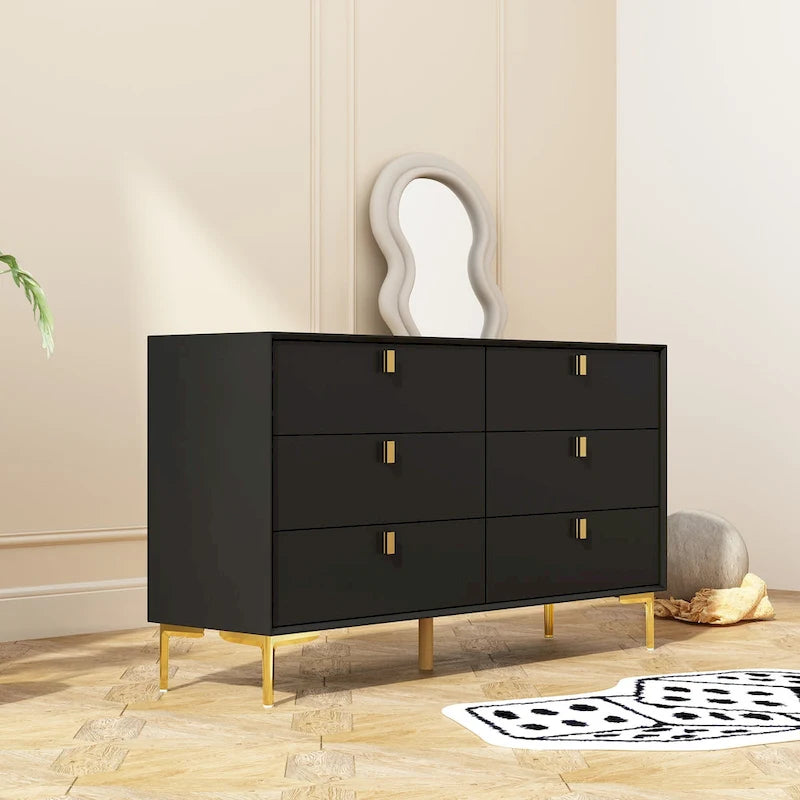 Comò a 6 cassetti in legno per camera da letto con contenitore, oro moderno
