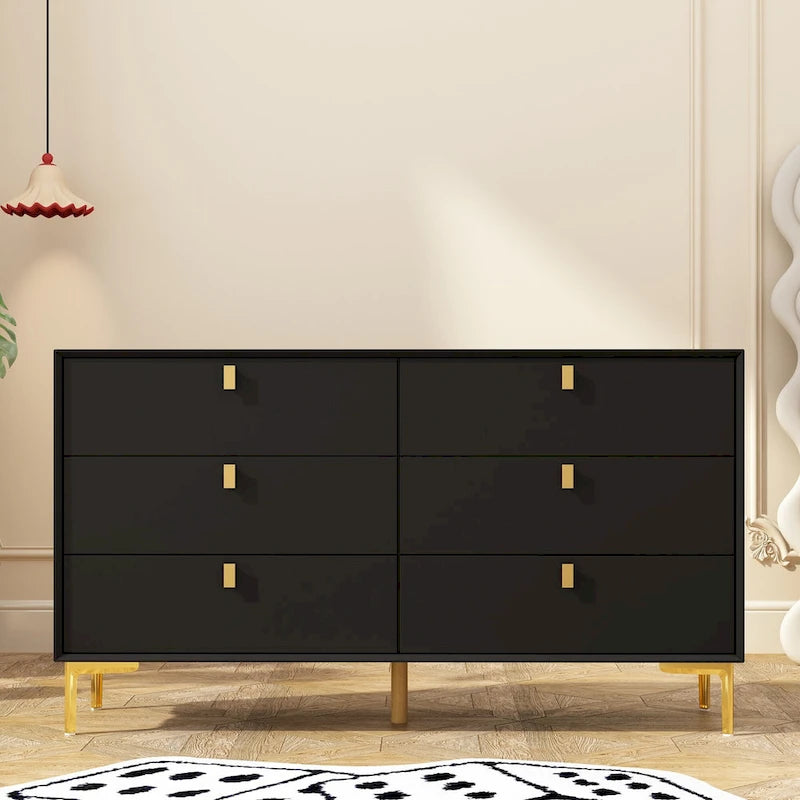 Comò a 6 cassetti in legno per camera da letto con contenitore, oro moderno
