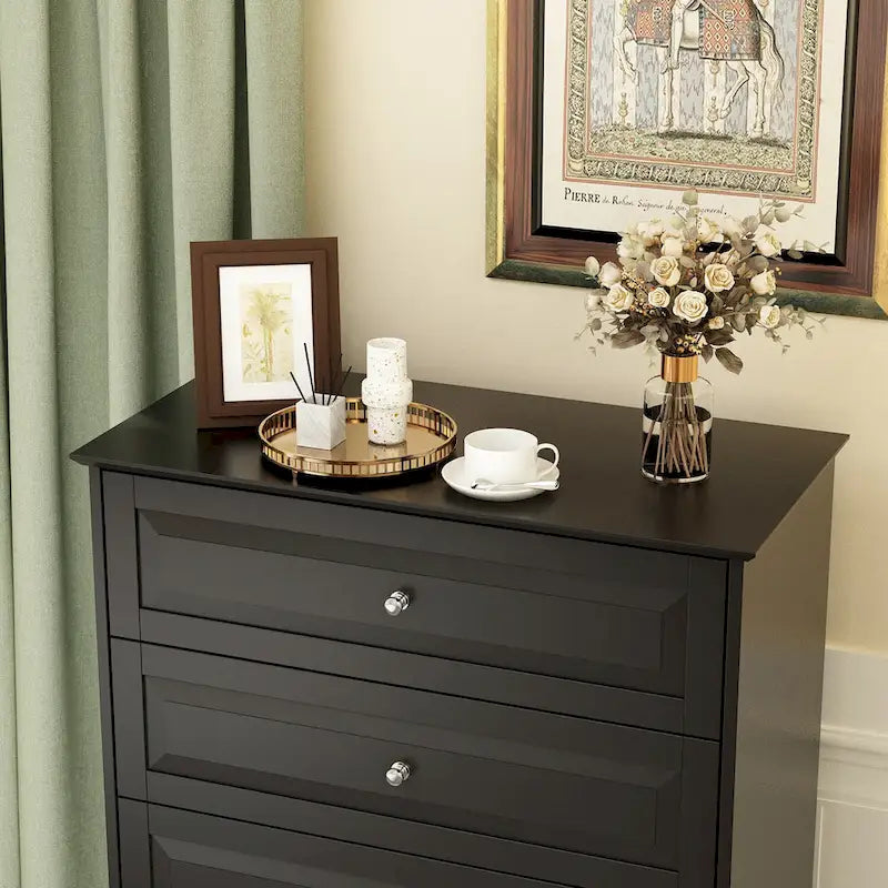Black 5-Drawer Dresser with Wood Legs