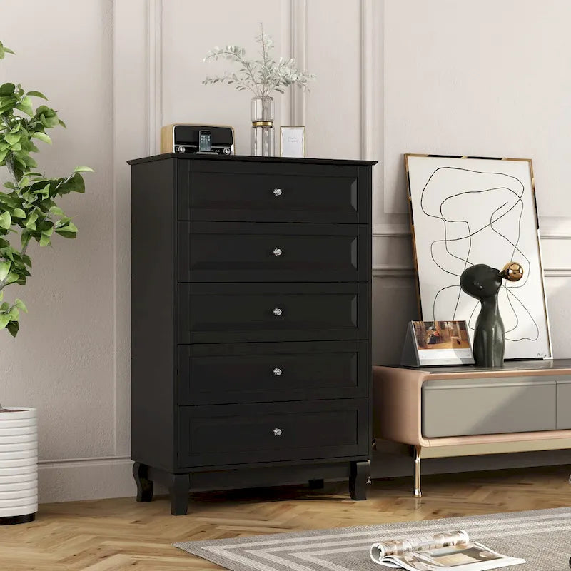 Black 5-Drawer Dresser with Wood Legs