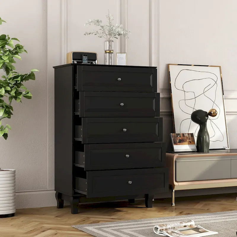 Black 5-Drawer Dresser with Wood Legs