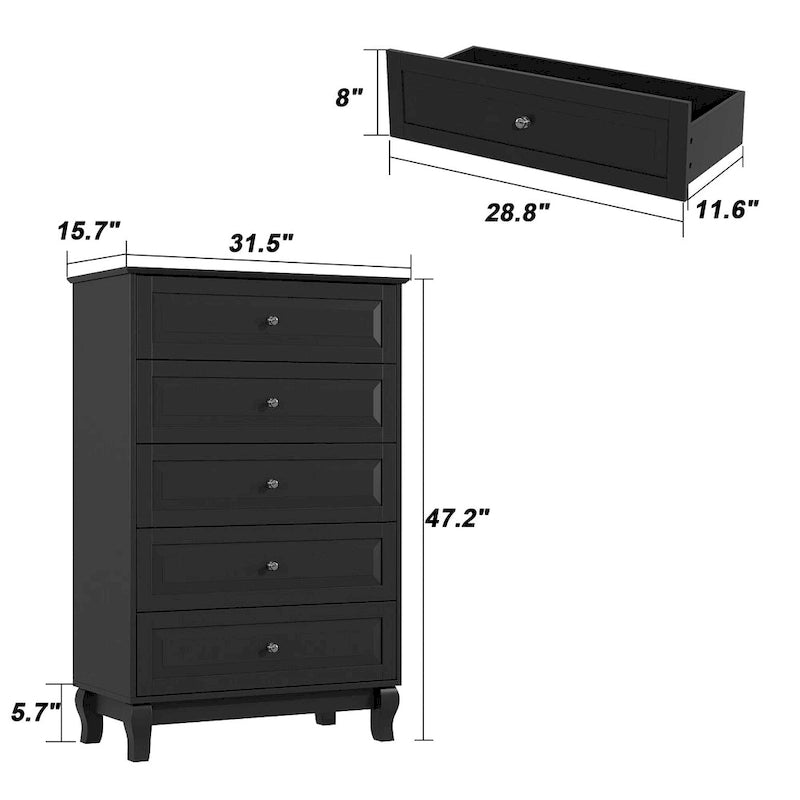Black 5-Drawer Dresser with Wood Legs