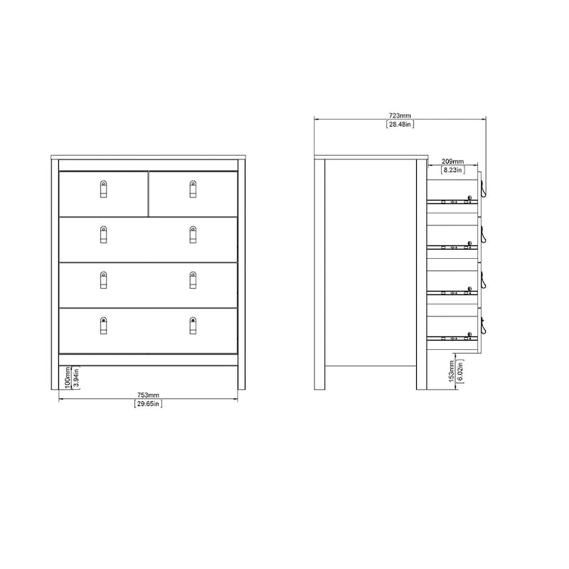Grey 5-Drawer Chest with Leather Handles