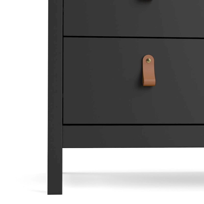 Comò grigio a 5 cassetti con maniglie in pelle