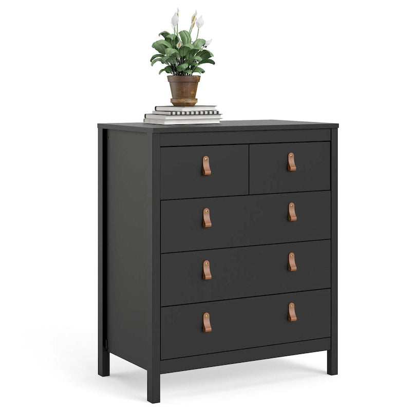 Grey 5-Drawer Chest with Leather Handles