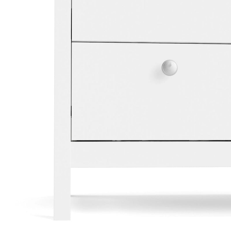Comò grigio a 5 cassetti con maniglie in pelle