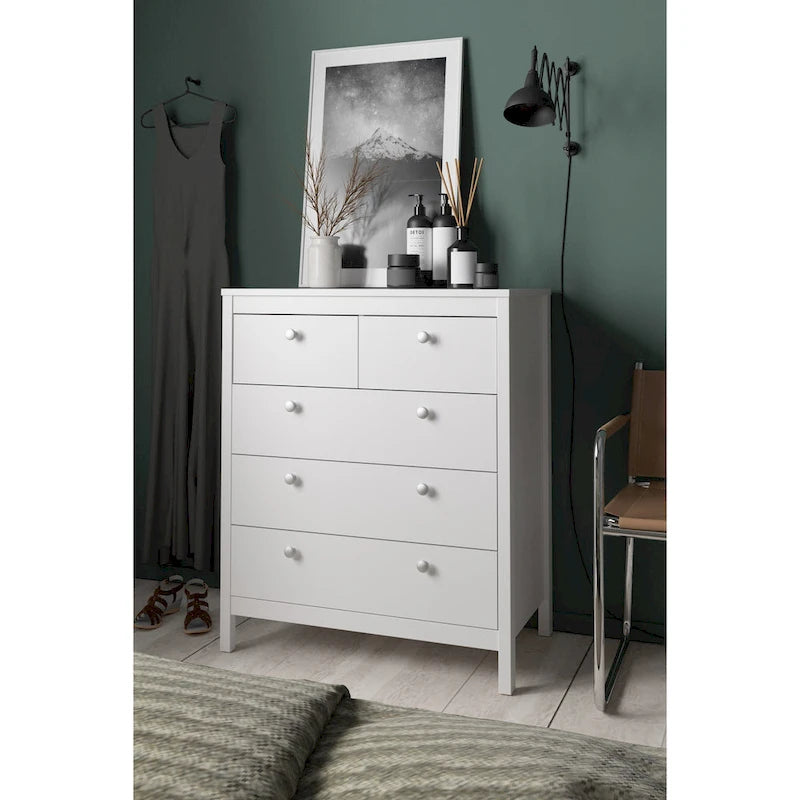 Grey 5-Drawer Chest with Leather Handles