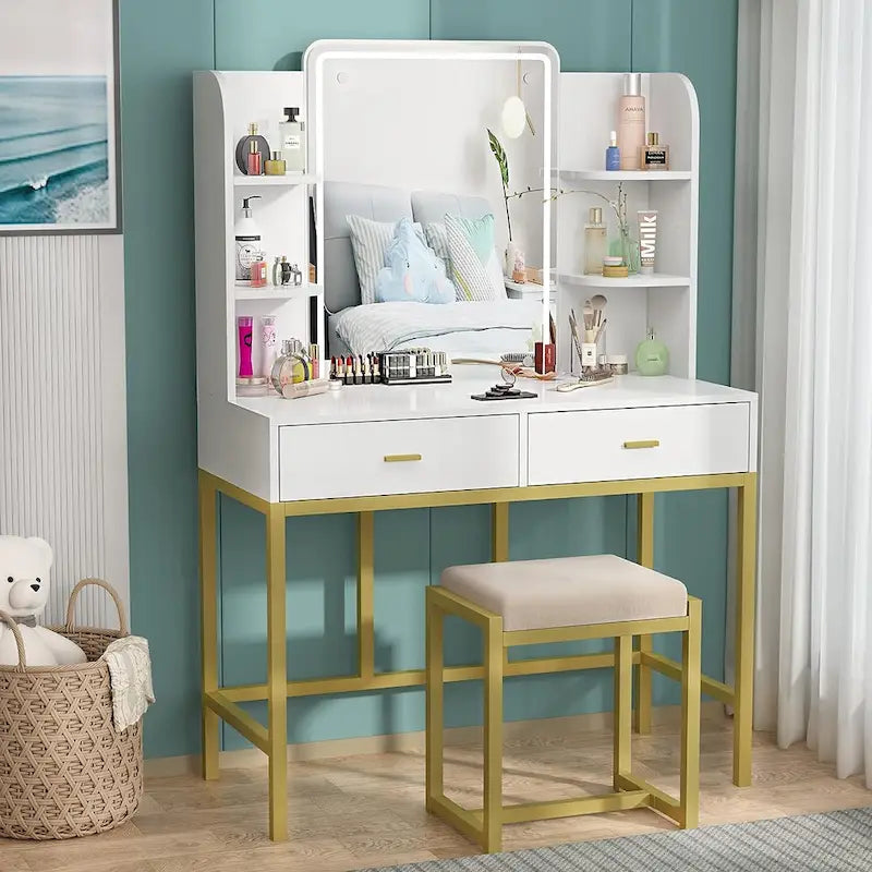 White Vanity Table with LED Mirror and Cushioned Stool